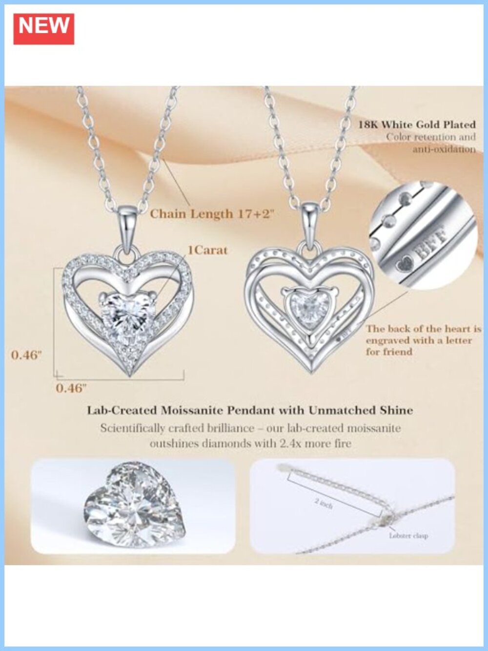 1CT Moissanite Double Heart Necklace S925 Sterling Silver 18K White Gold Plated - Picture 2 of 6